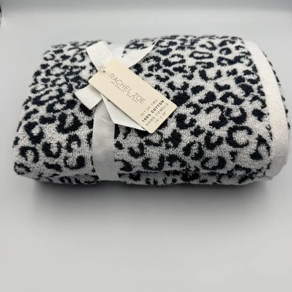 Rachel Zoe Leopard Cheetah Animal Print Hand Towel Set of 2 Navy White 18 x 28